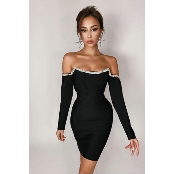 Miss Circle Annika Black Off Shoulder Long Sleeve Corset Dress w/ Crystal trim - Picture 4 of 17